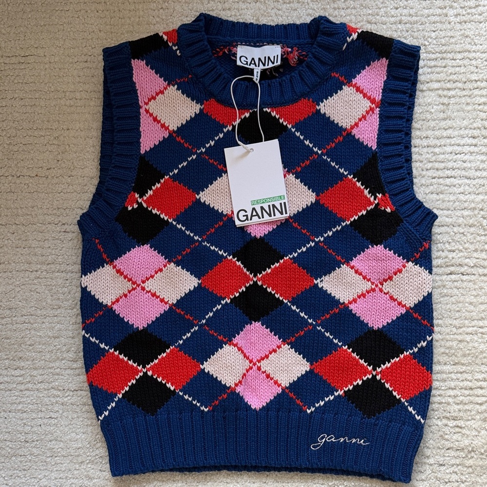 Ganni Women's Argyle Sweater Vest - Navy, Pink, Red